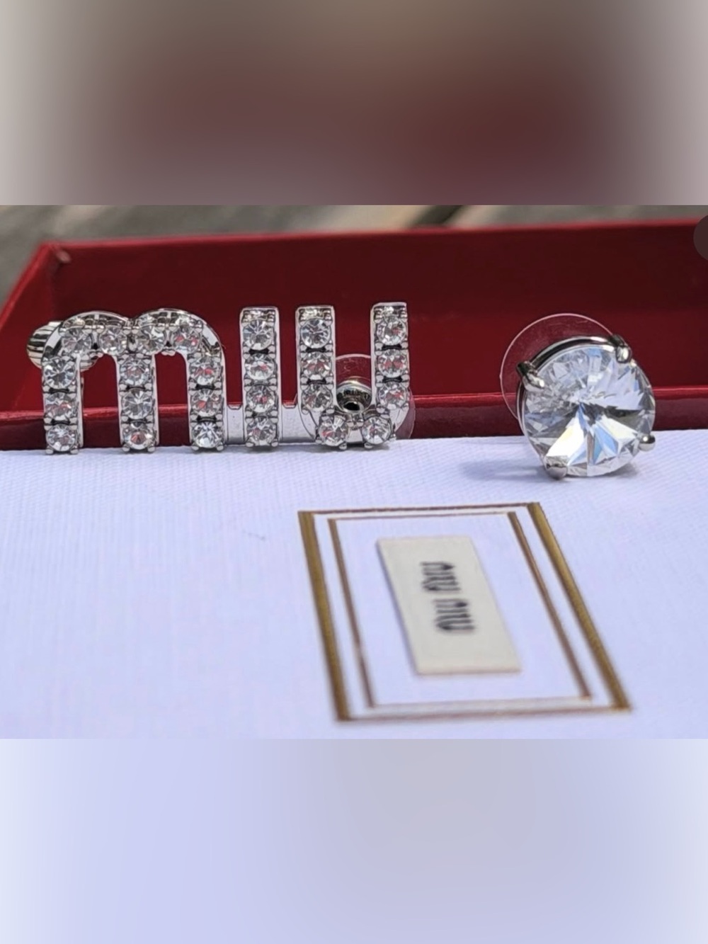 Miu Miu Crystal Stud Letter Earrings - Silver Rhinestone Accent